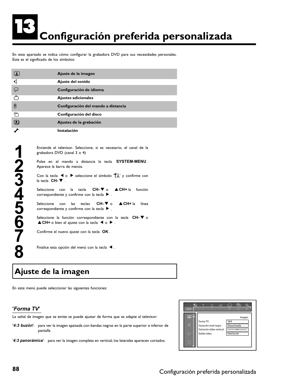 Configuración preferida personalizada, Ajuste de la imagen | Philips DVDR 80 User Manual | Page 210 / 228