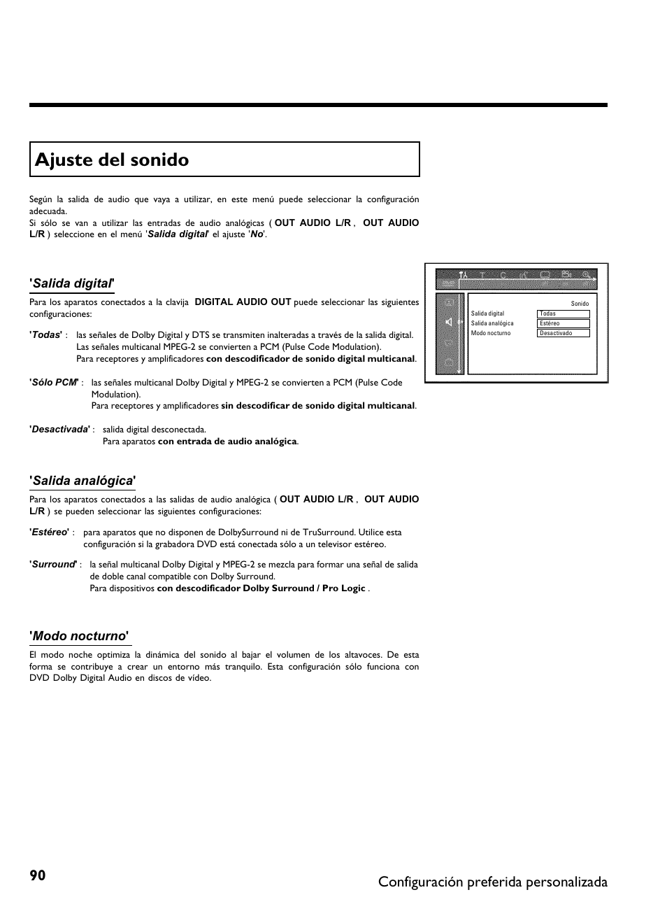 Ajuste del sonido, Configuración preferida personalizada, Salida digital | Salida analógica, Modo nocturno | Philips DVDR 80 User Manual | Page 212 / 228