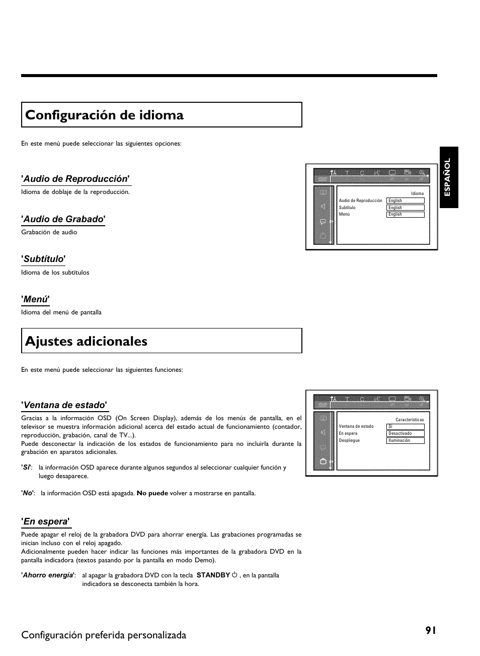 Configuración de idioma, Ajustes adicionales, Configuración preferida personalizada | Audio de reproducción, Audio de grabado, Subtítulo, Menú, Ventana de estado, En espera | Philips DVDR 80 User Manual | Page 213 / 228