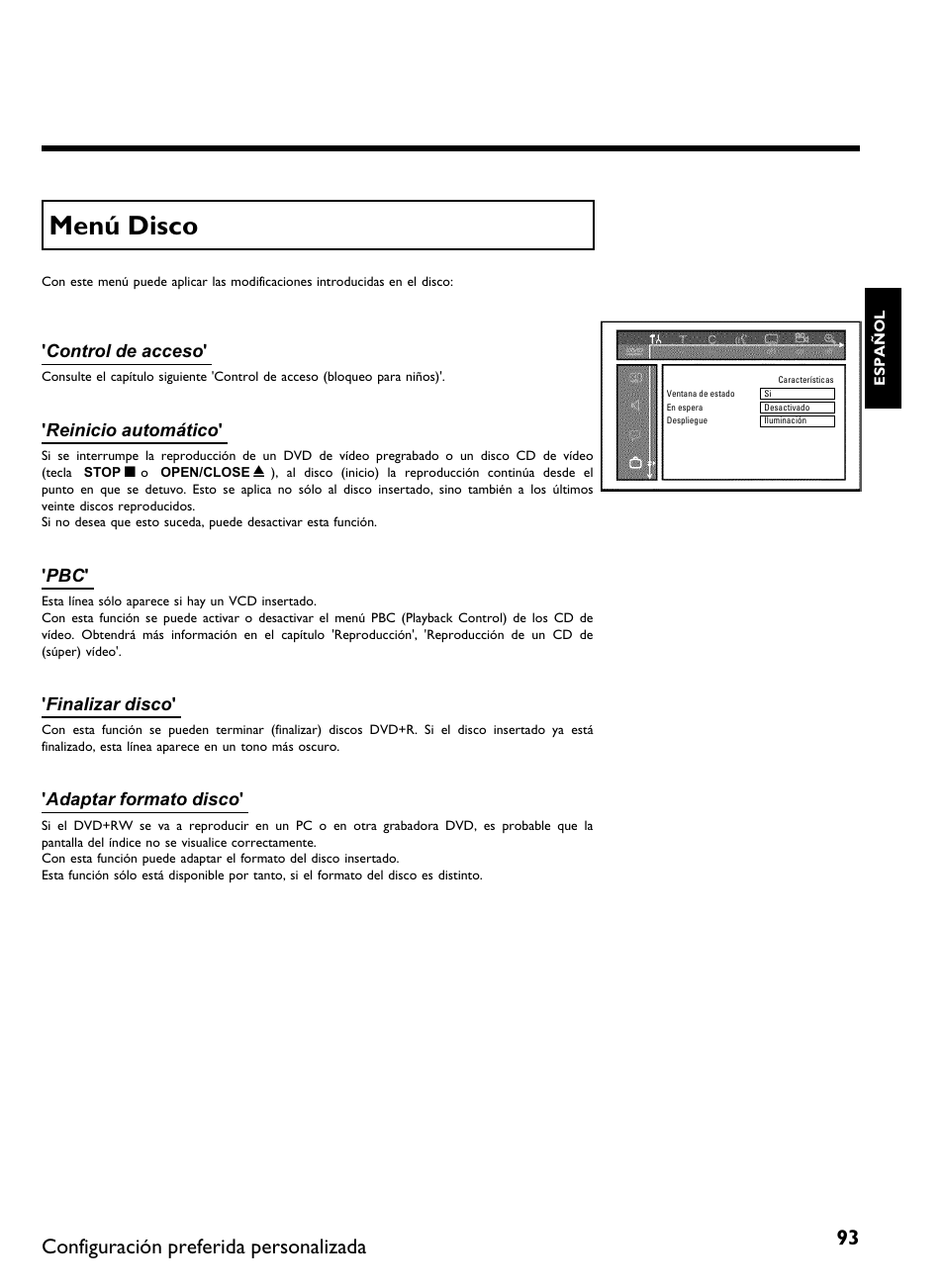 Menú disco, Configuración preferida personalizada | Philips DVDR 80 User Manual | Page 215 / 228