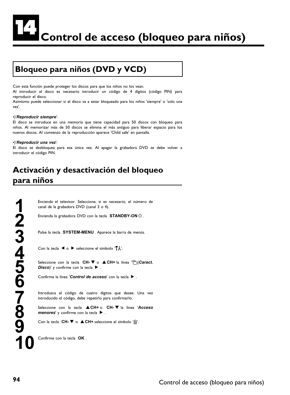 Control de acceso (bloqueo para niños) | Philips DVDR 80 User Manual | Page 216 / 228