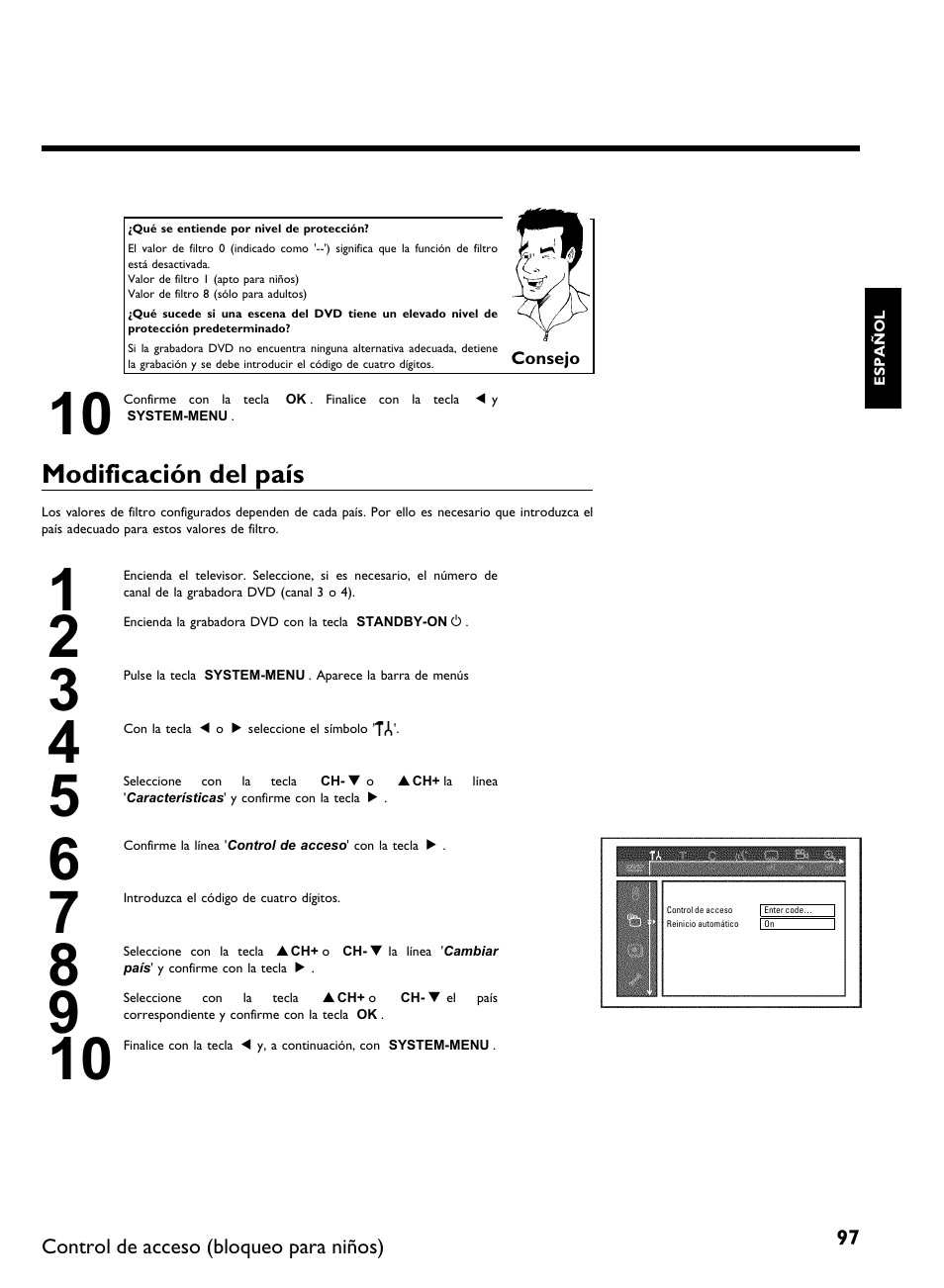 Modificación del país | Philips DVDR 80 User Manual | Page 219 / 228