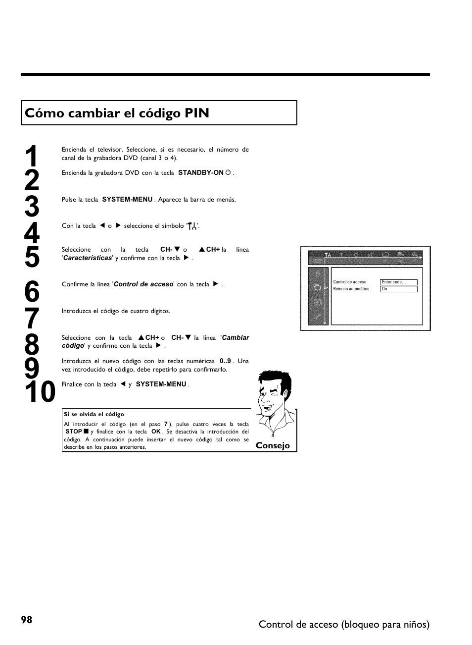 Cómo cambiar el código pin | Philips DVDR 80 User Manual | Page 220 / 228