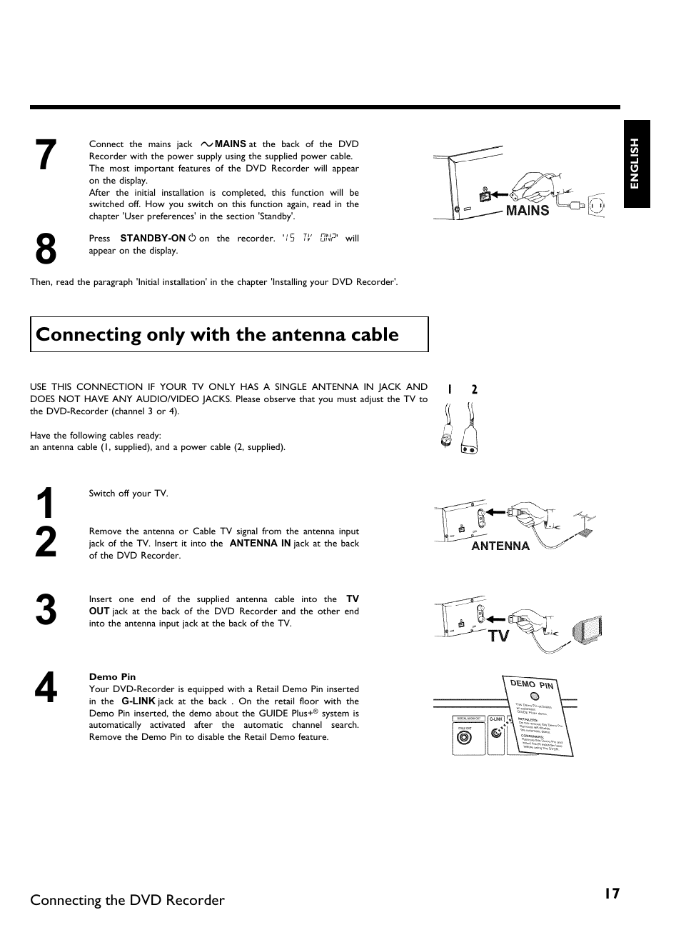 Connecting only with the antenna cable | Philips DVDR 80 User Manual | Page 29 / 228