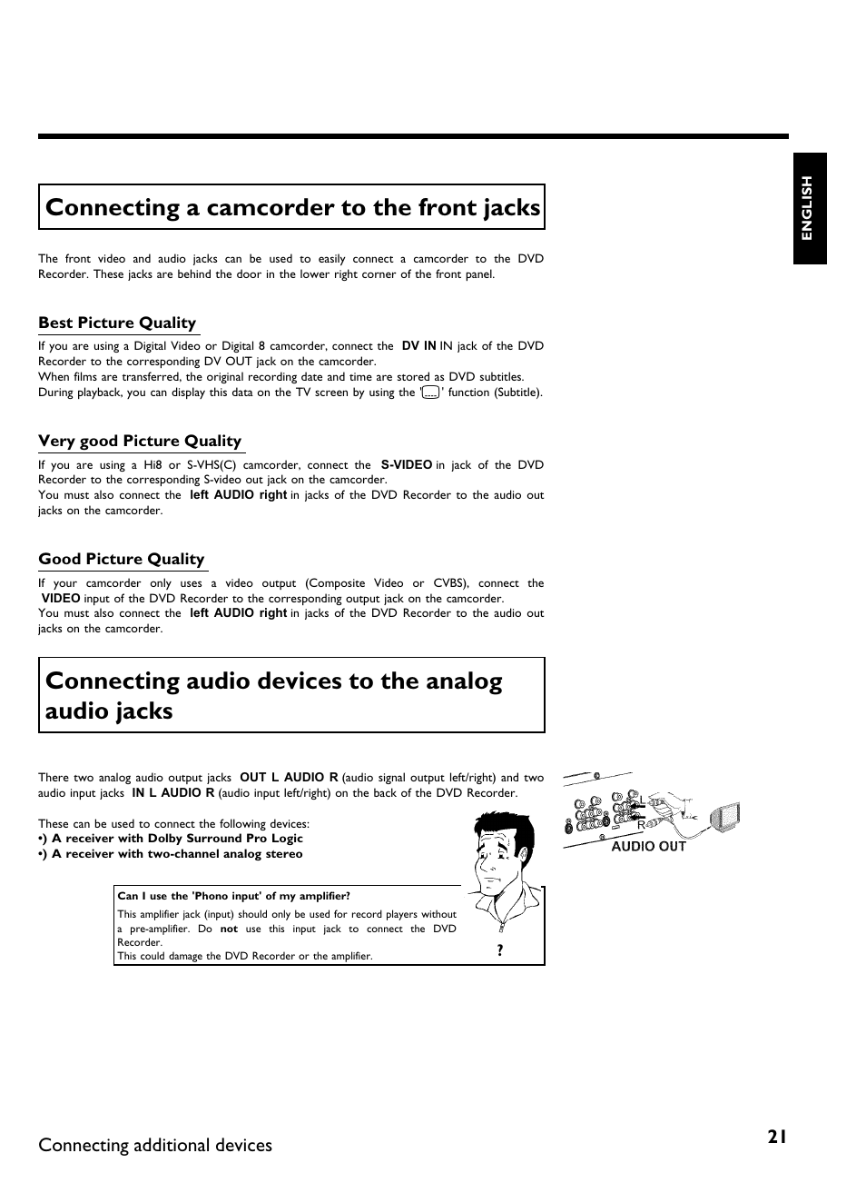 Connecting a camcorder to the front jacks, Connecting audio devices to the analog audio jacks, Connecting additional devices | Philips DVDR 80 User Manual | Page 33 / 228