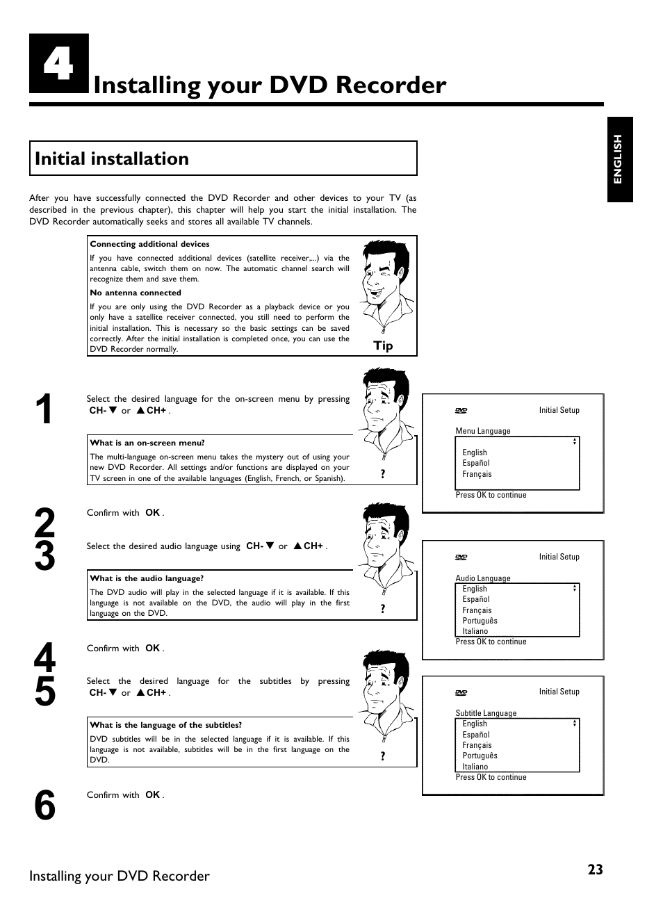 Installing your dvd recorder, Initial installation | Philips DVDR 80 User Manual | Page 35 / 228