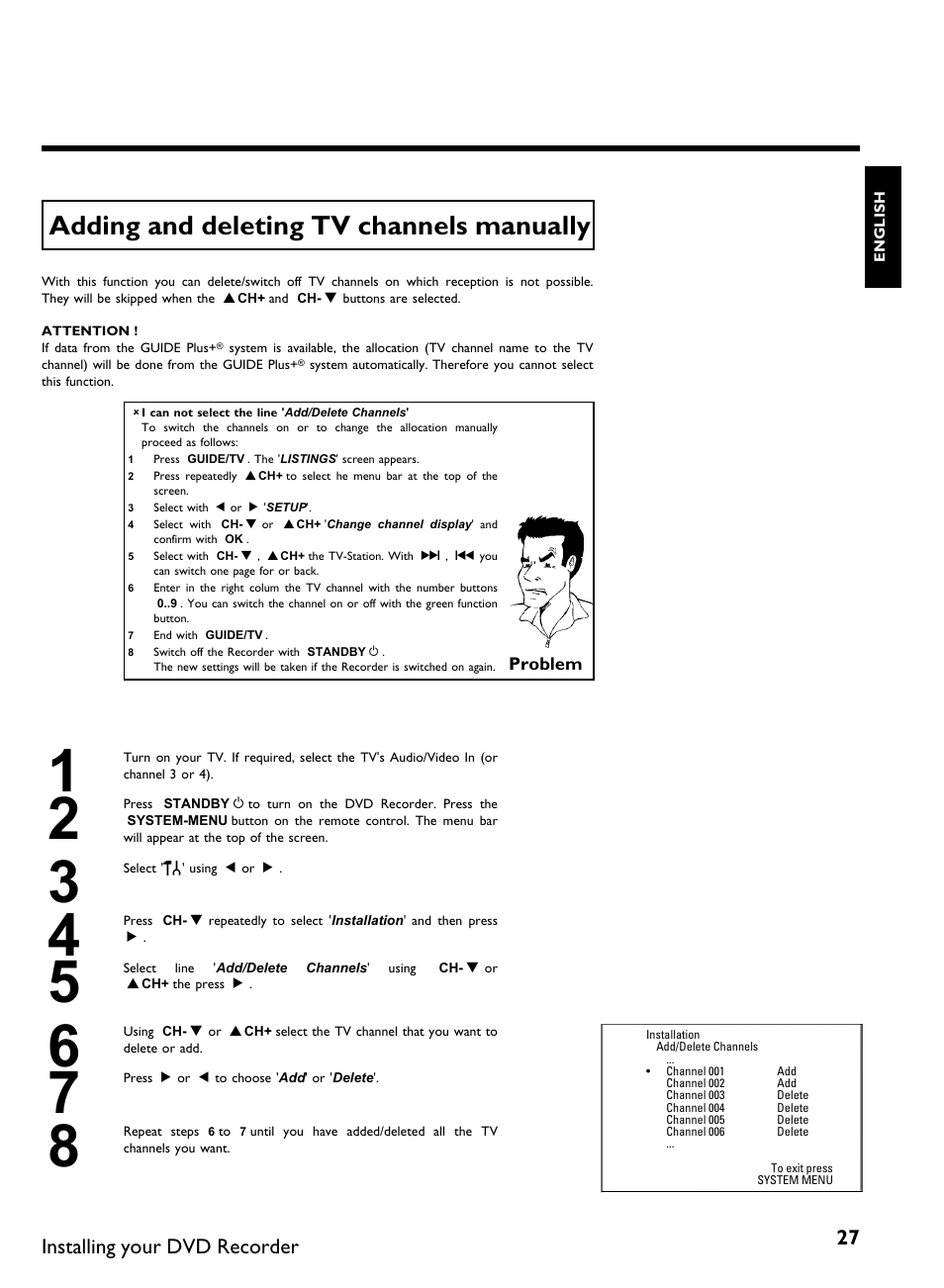 Adding and deleting tv channels manually, Installing your dvd recorder | Philips DVDR 80 User Manual | Page 39 / 228