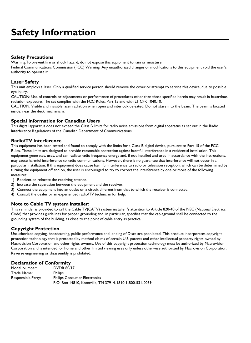 Safety information | Philips DVDR 80 User Manual | Page 4 / 228