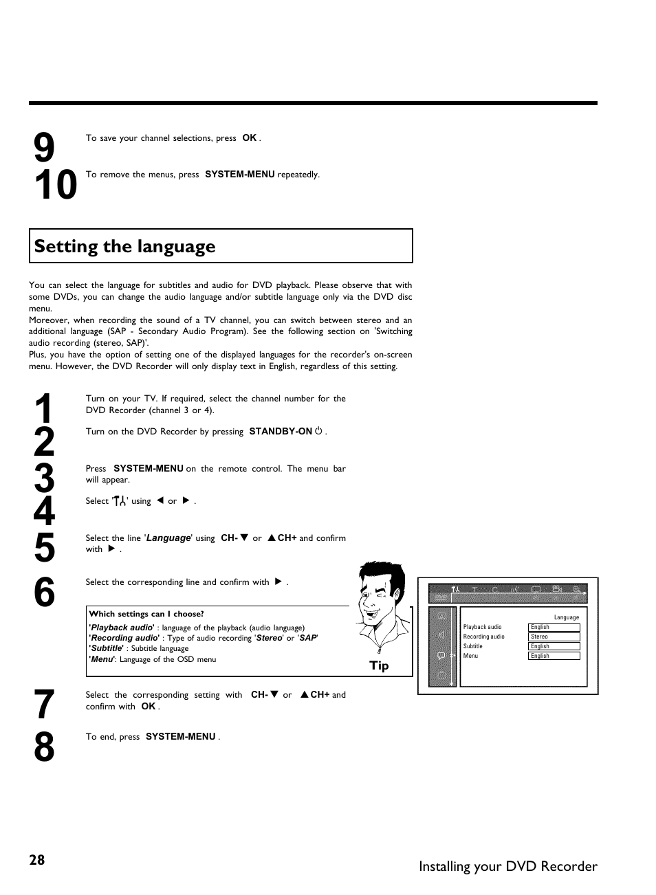 Setting the language | Philips DVDR 80 User Manual | Page 40 / 228