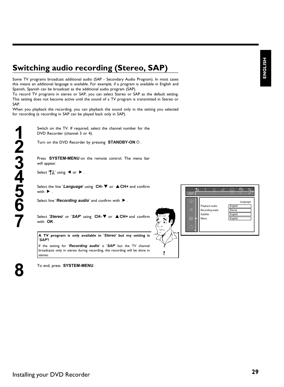 Switching audio recording (stereo, sap) | Philips DVDR 80 User Manual | Page 41 / 228