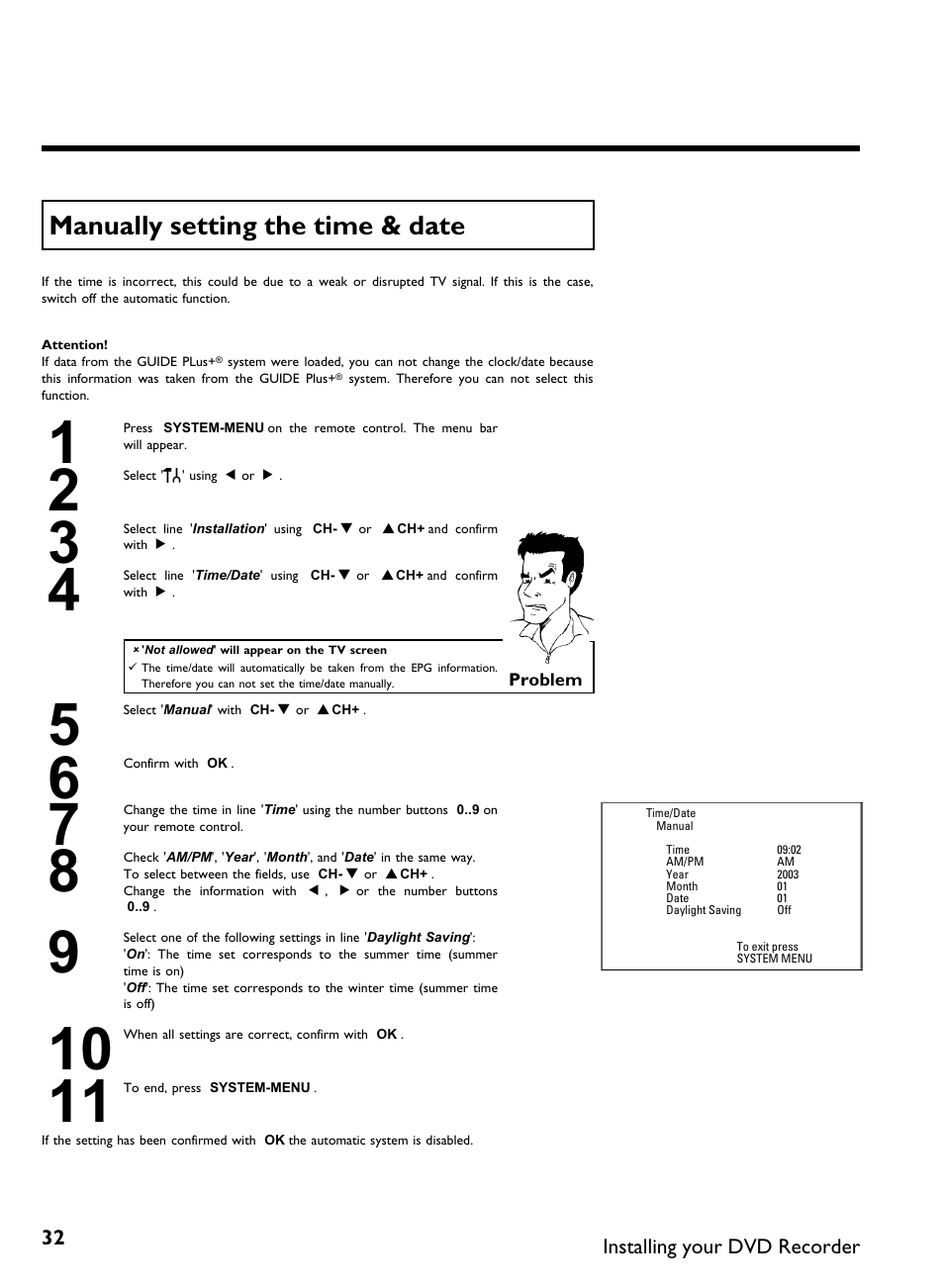 Manually setting the time & date | Philips DVDR 80 User Manual | Page 44 / 228