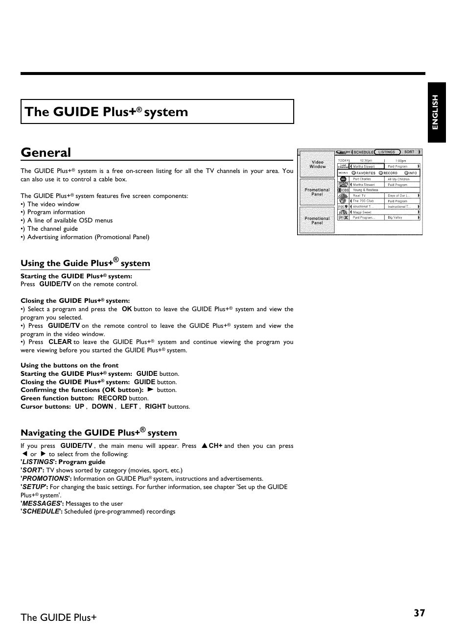 The guide plus, System general, Using the guide plus | System, Navigating the guide plus | Philips DVDR 80 User Manual | Page 49 / 228