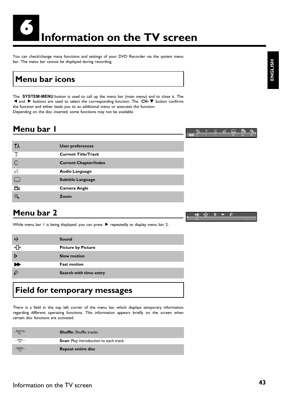 Information on the tv screen, Menu bar icons, Menu bar 1 | Menu bar 2, Field for temporary messages | Philips DVDR 80 User Manual | Page 55 / 228