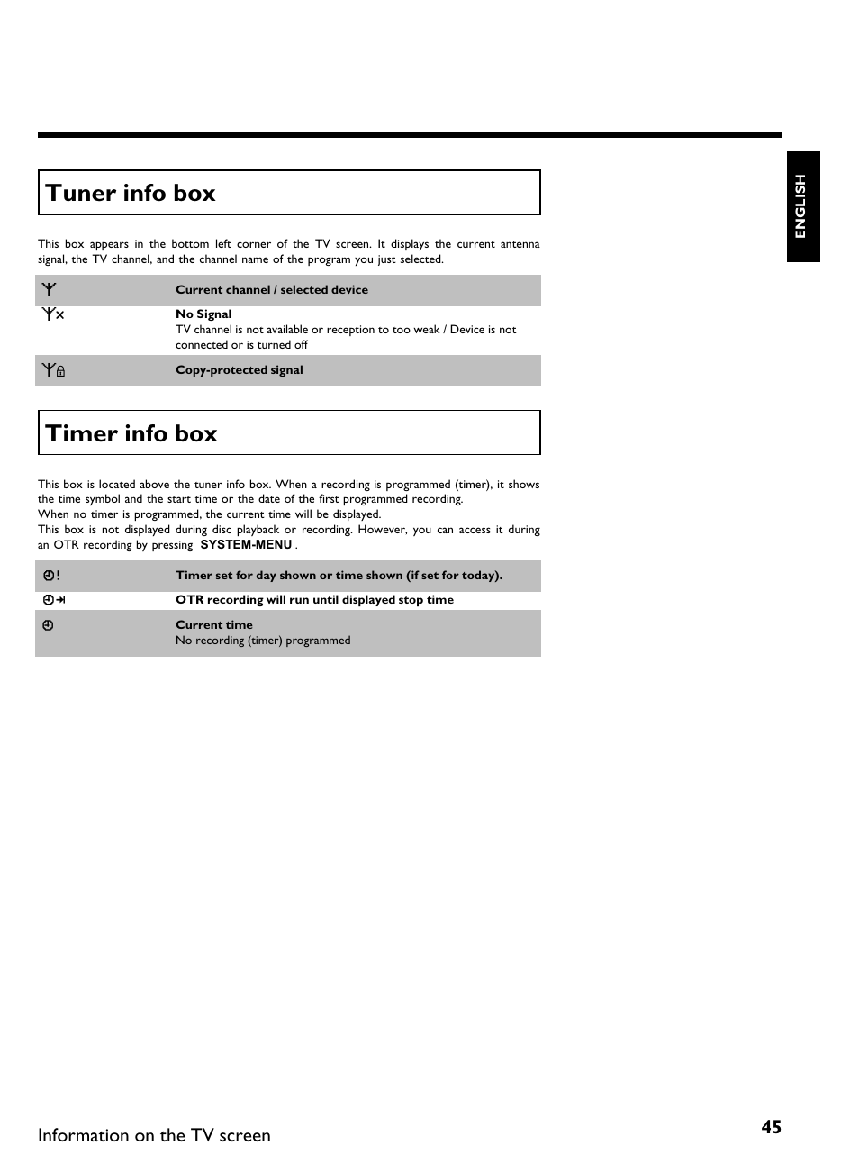 Tuner info box, Timer info box | Philips DVDR 80 User Manual | Page 57 / 228