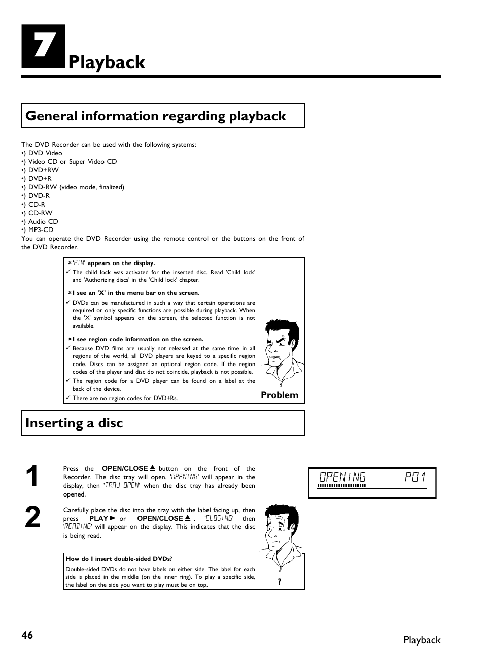 Playback, General information regarding playback, Inserting a disc | Opening p01 | Philips DVDR 80 User Manual | Page 58 / 228