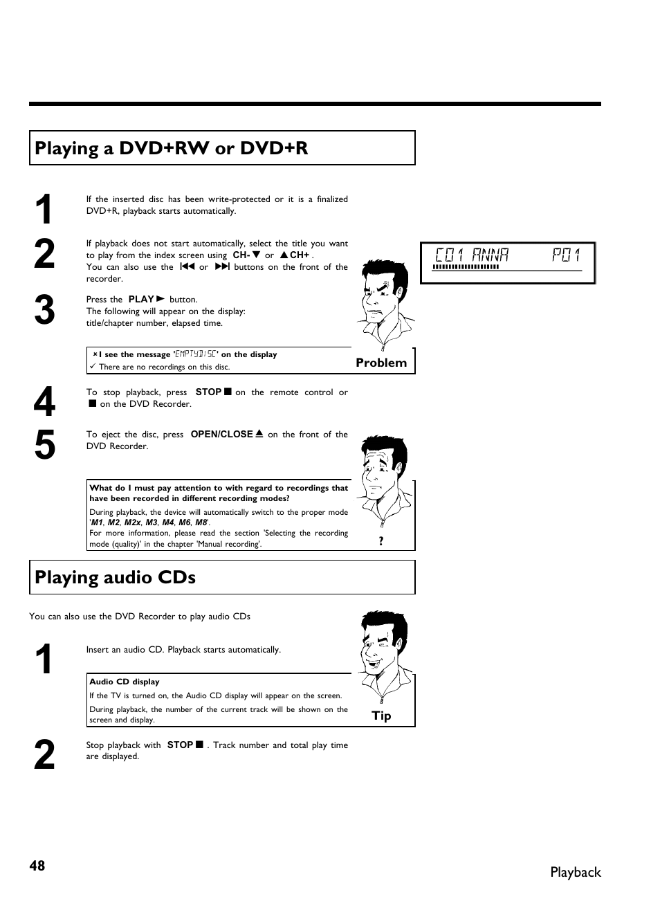 Playing a dvd+rw or dvd+r, Playing audio cds | Philips DVDR 80 User Manual | Page 60 / 228