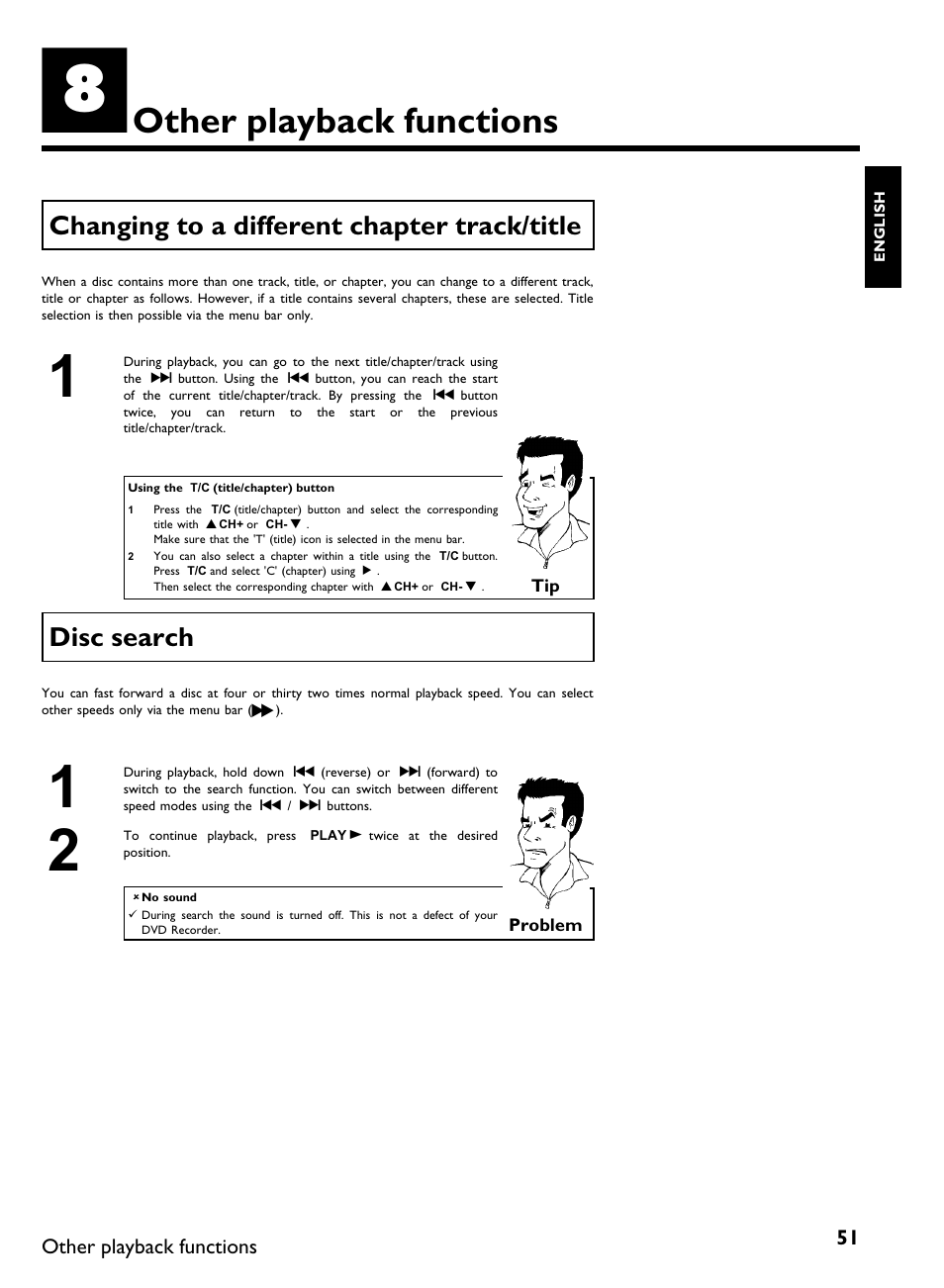 Other playback functions, Changing to a different chapter track/title, Disc search | Philips DVDR 80 User Manual | Page 63 / 228