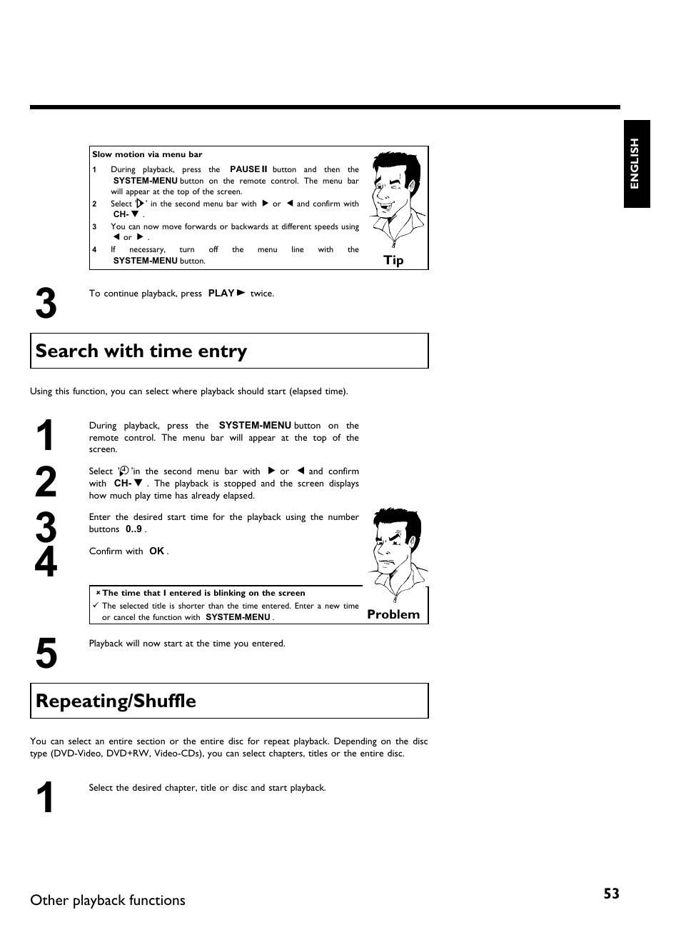 Search with time entry, Repeating/shuffle | Philips DVDR 80 User Manual | Page 65 / 228