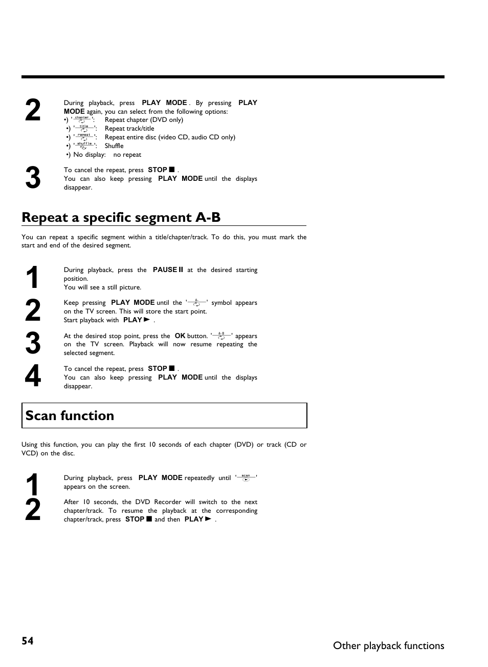 Repeat a specific segment a b, Scan function | Philips DVDR 80 User Manual | Page 66 / 228