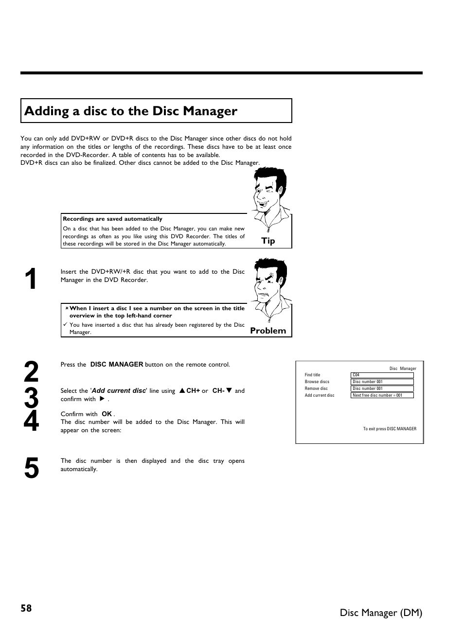 Adding a disc to the disc manager | Philips DVDR 80 User Manual | Page 70 / 228