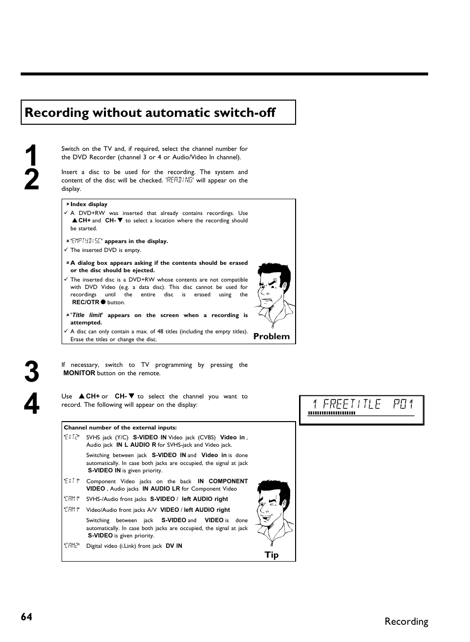 Recording without automatic switch off, 1 freetitle p01, Recording | Philips DVDR 80 User Manual | Page 76 / 228