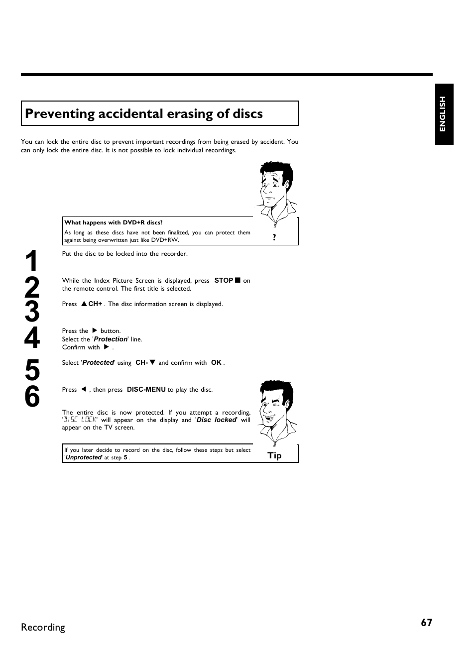 Preventing accidental erasing of discs | Philips DVDR 80 User Manual | Page 79 / 228