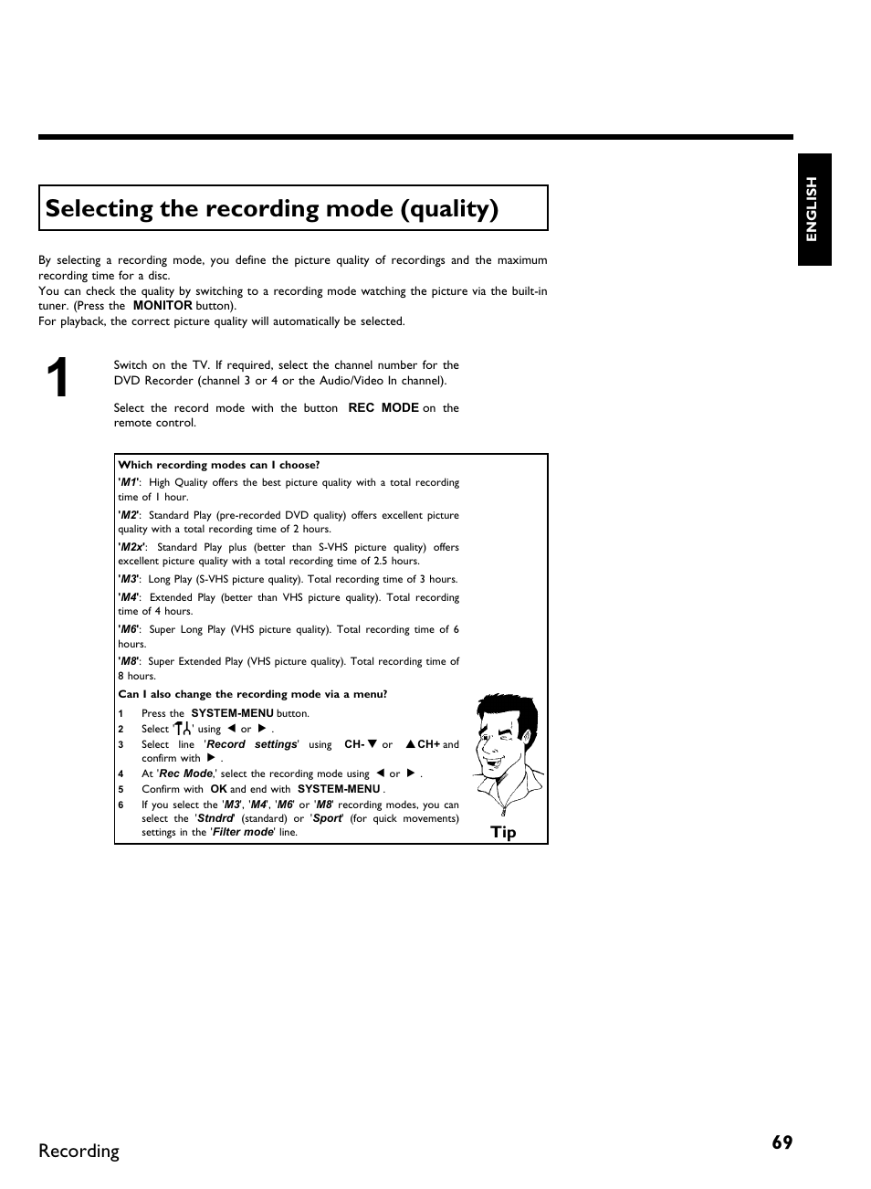 Selecting the recording mode (quality), Recording | Philips DVDR 80 User Manual | Page 81 / 228