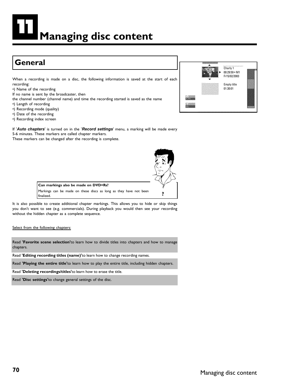 Managing disc content, General | Philips DVDR 80 User Manual | Page 82 / 228