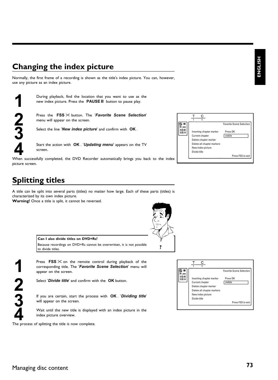 Changing the index picture, Splitting titles | Philips DVDR 80 User Manual | Page 85 / 228