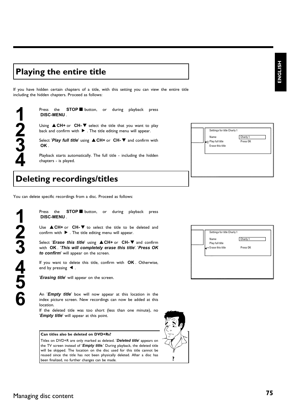 Playing the entire title, Deleting recordings/titles | Philips DVDR 80 User Manual | Page 87 / 228