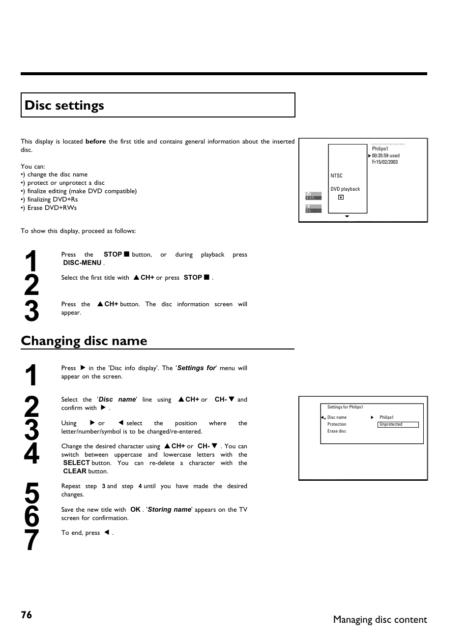 Disc settings, Changing disc name | Philips DVDR 80 User Manual | Page 88 / 228