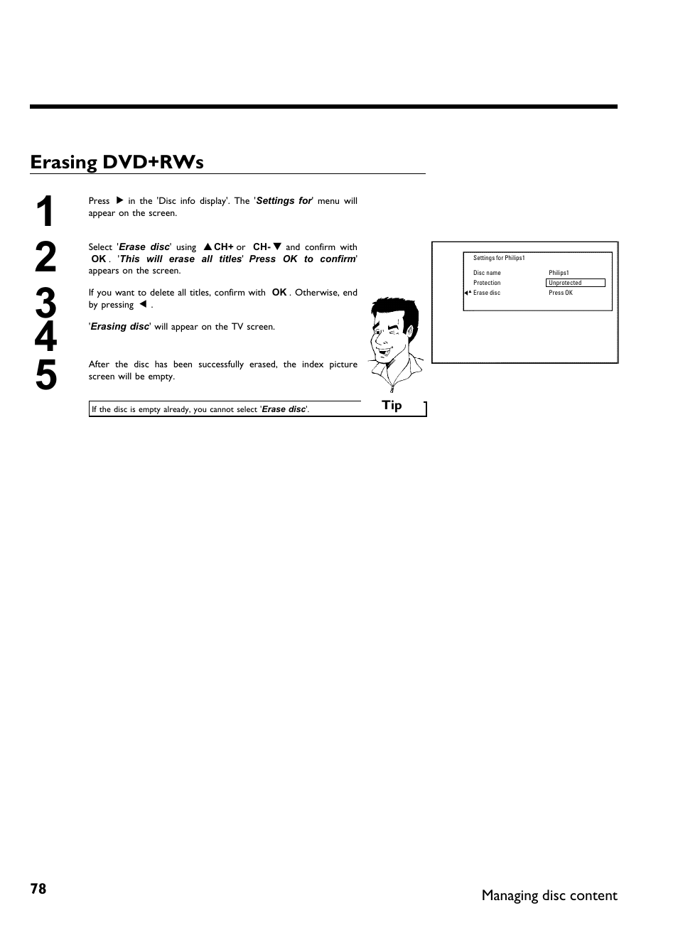 Erasing dvd+rws | Philips DVDR 80 User Manual | Page 90 / 228