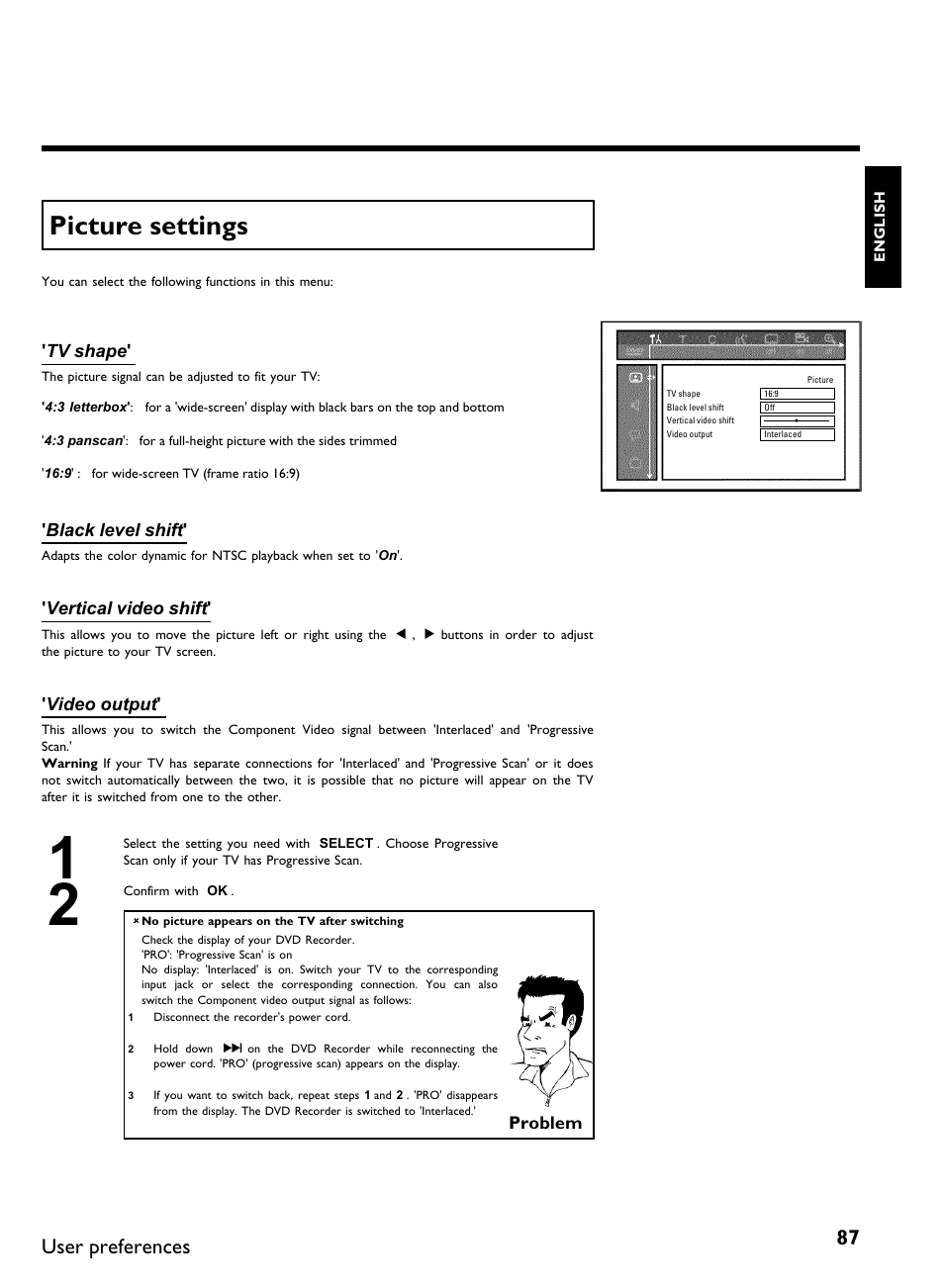 Picture settings, User preferences | Philips DVDR 80 User Manual | Page 99 / 228