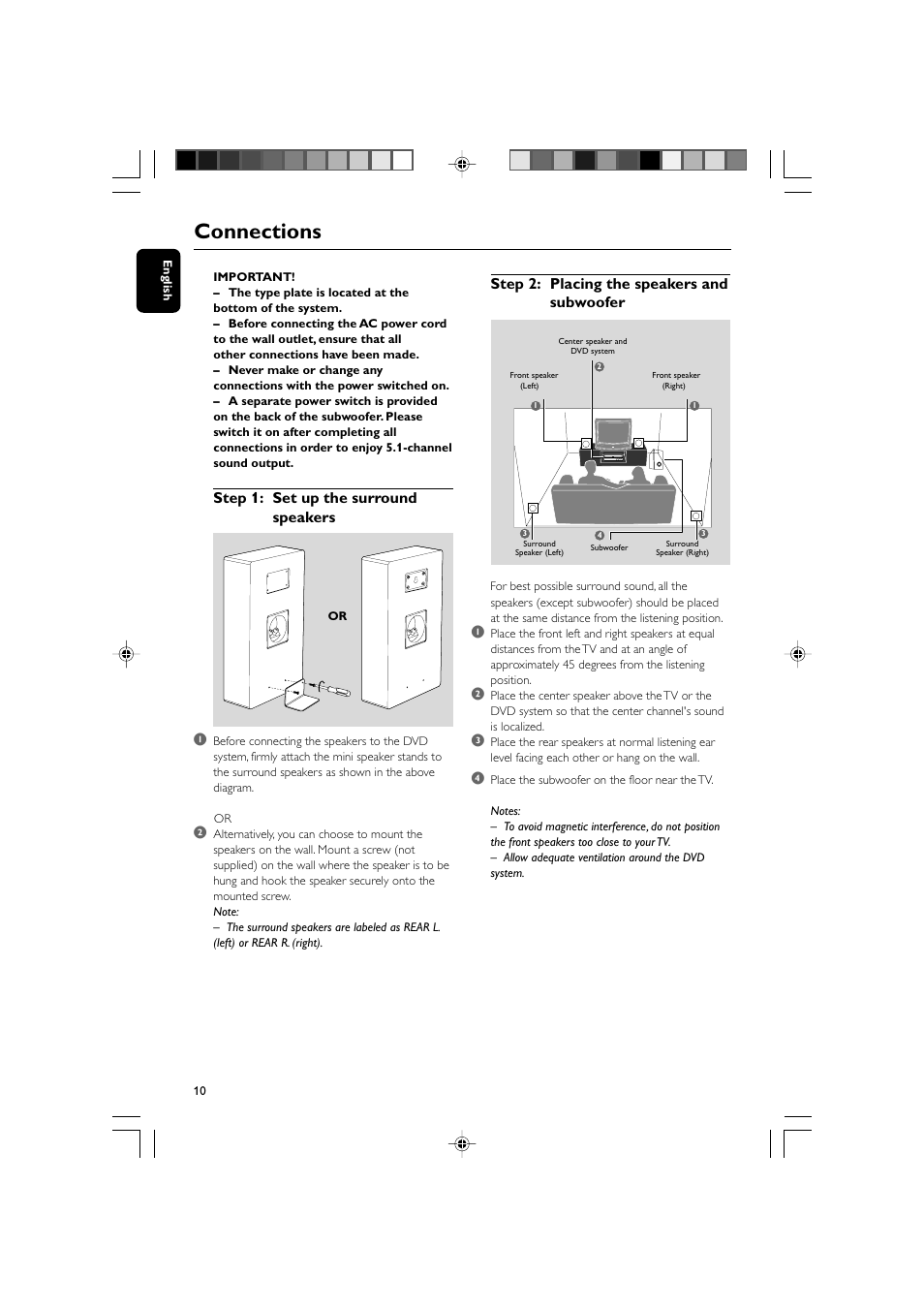Connections, Step 1: set up the surround speakers 1, Step 2: placing the speakers and subwoofer | Philips DVD Micro Theatre MCD759D User Manual | Page 10 / 47