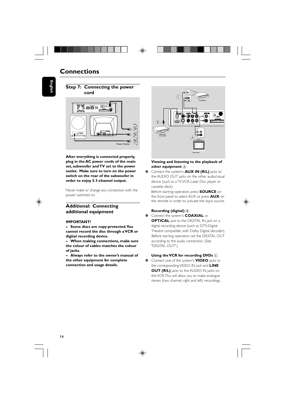 Connections, Step 7: connecting the power cord, Additional: connecting additional equipment | Ab c, Ac mains | Philips DVD Micro Theatre MCD759D User Manual | Page 14 / 47