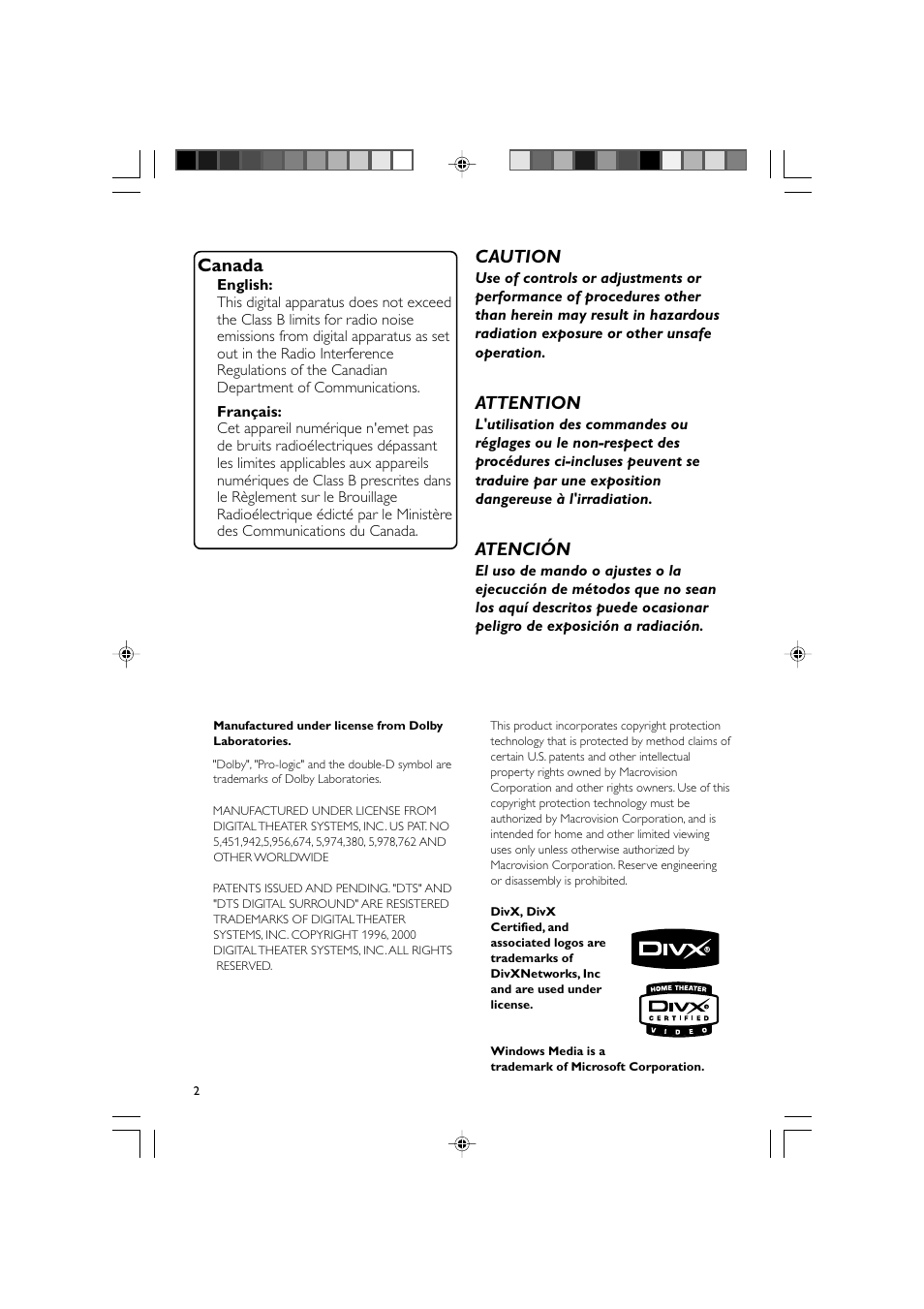 Canada, Caution, Attention | Atención | Philips DVD Micro Theatre MCD759D User Manual | Page 2 / 47