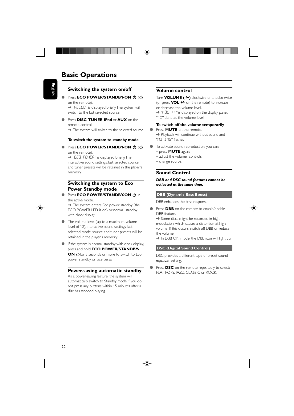 Basic operations, Switching the system on/off, Switching the system to eco power standby mode | Power-saving automatic standby, Volume control, Sound control | Philips DVD Micro Theatre MCD759D User Manual | Page 22 / 47