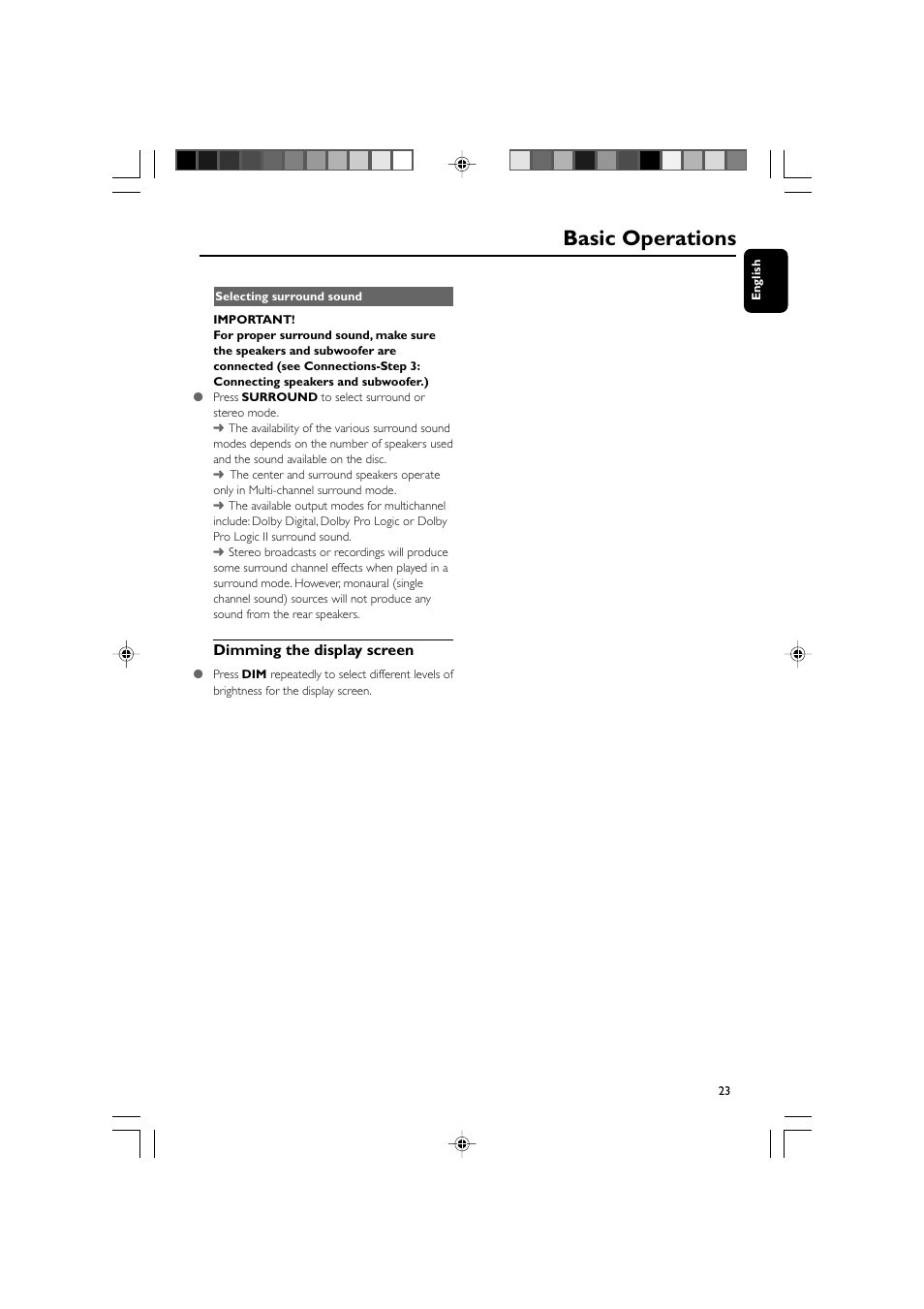 Basic operations, Dimming the display screen | Philips DVD Micro Theatre MCD759D User Manual | Page 23 / 47