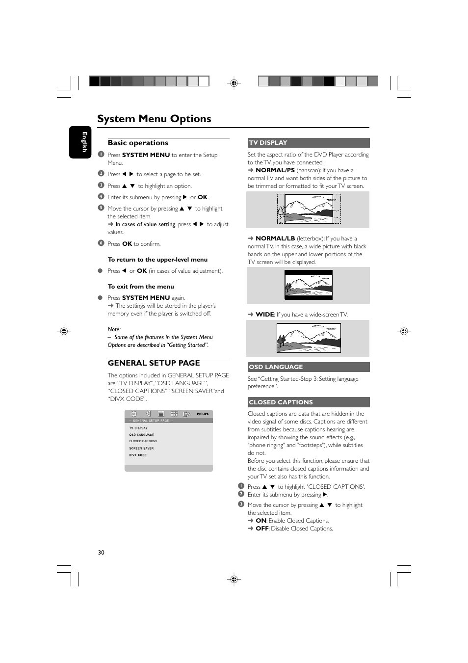 System menu options | Philips DVD Micro Theatre MCD759D User Manual | Page 30 / 47