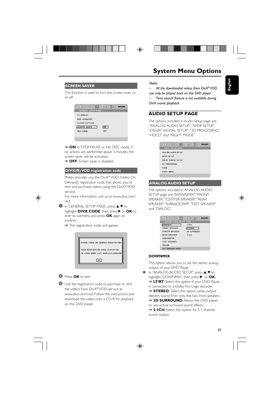 System menu options, Audio setup page | Philips DVD Micro Theatre MCD759D User Manual | Page 31 / 47