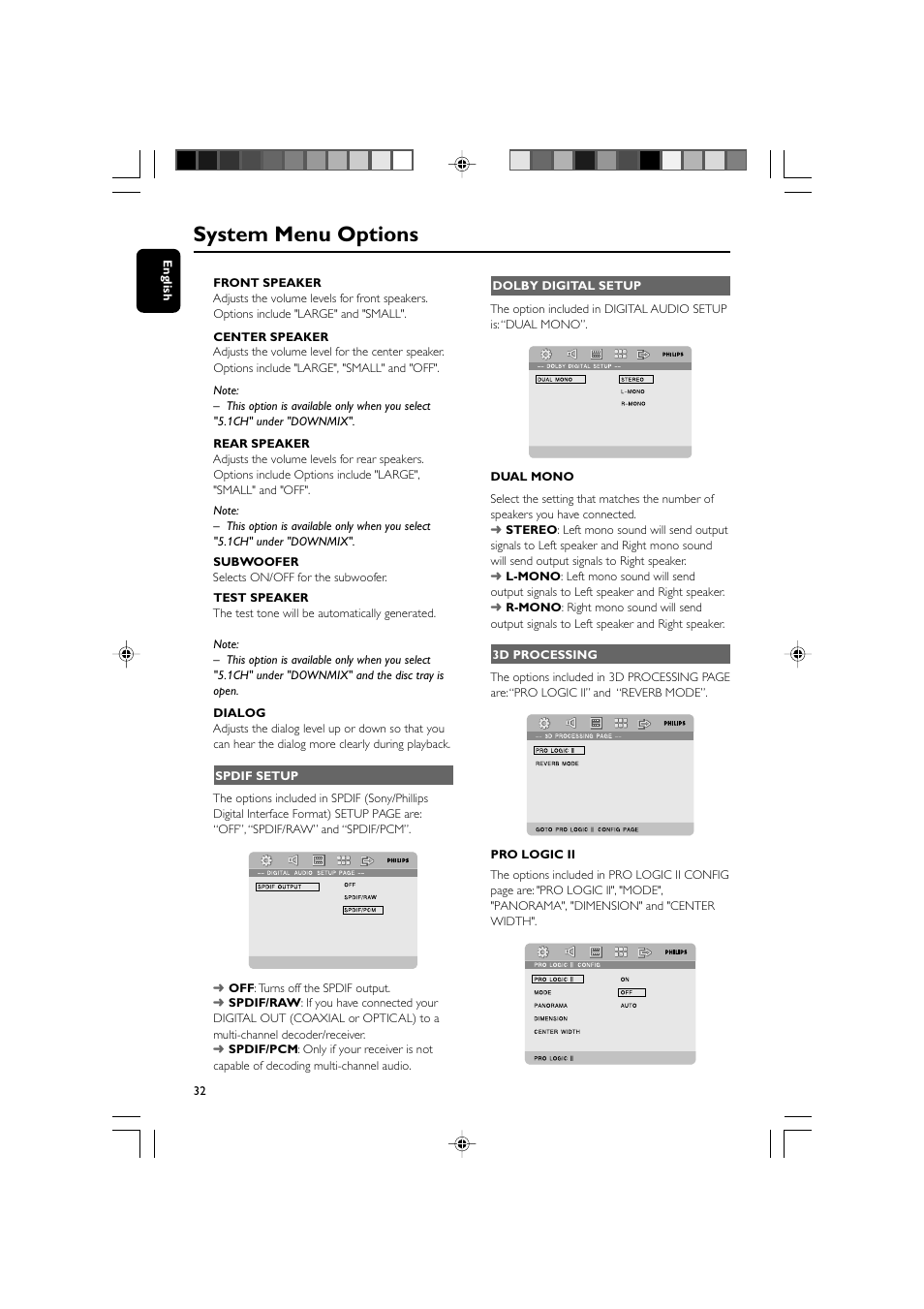 System menu options | Philips DVD Micro Theatre MCD759D User Manual | Page 32 / 47