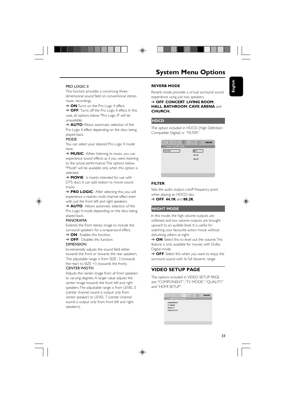 System menu options, Video setup page | Philips DVD Micro Theatre MCD759D User Manual | Page 33 / 47