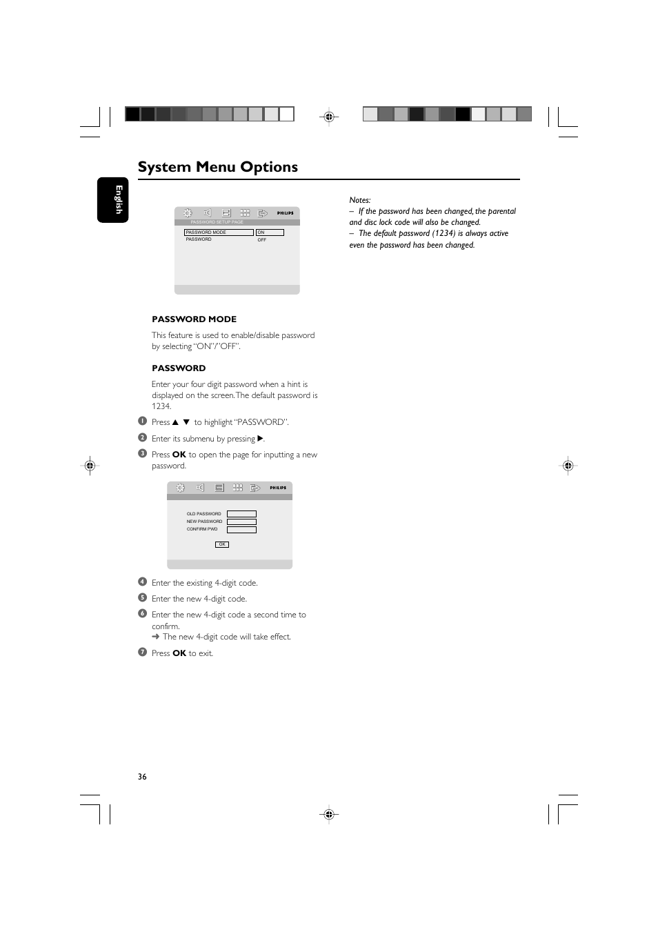 System menu options | Philips DVD Micro Theatre MCD759D User Manual | Page 36 / 47