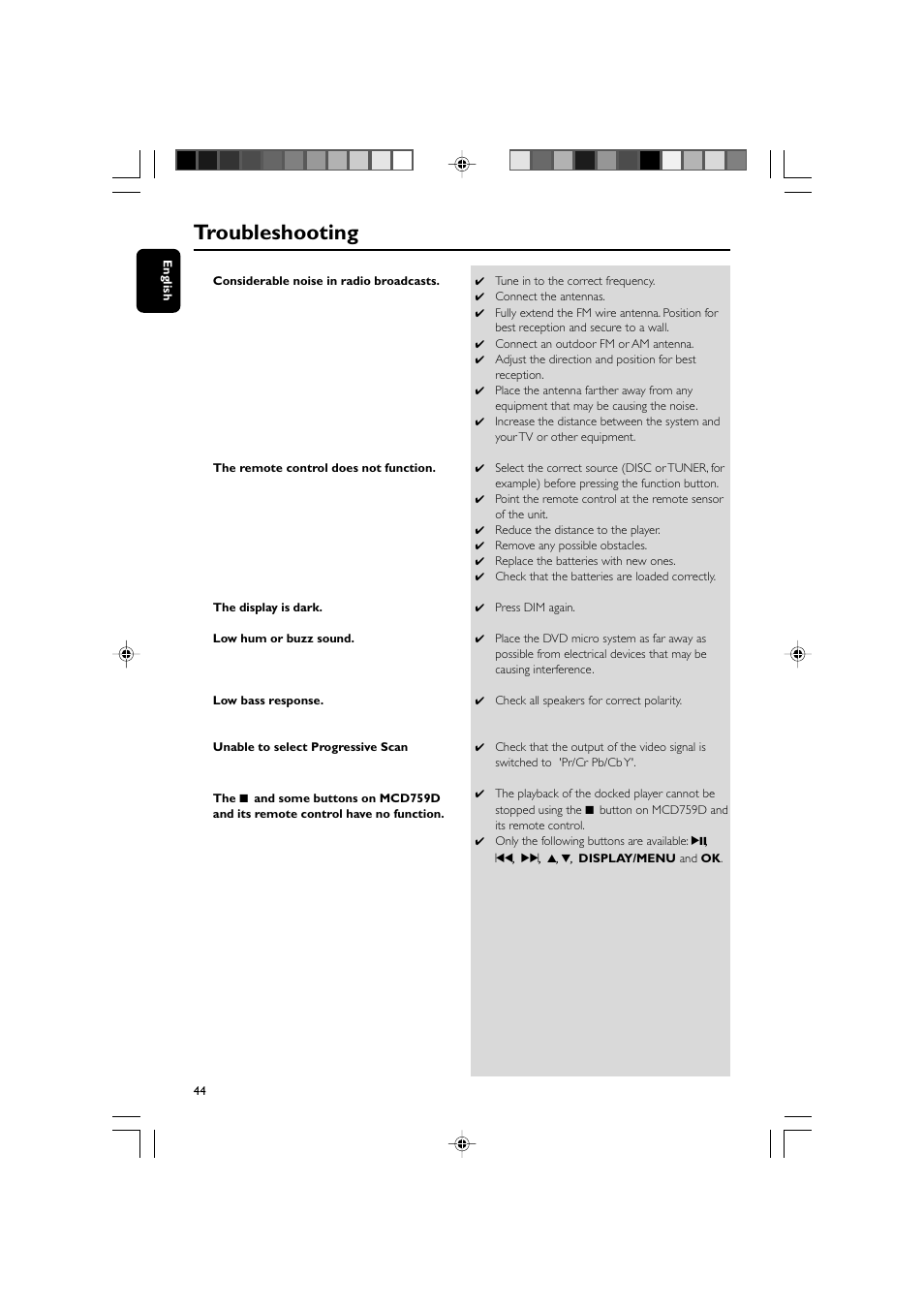 Troubleshooting | Philips DVD Micro Theatre MCD759D User Manual | Page 44 / 47