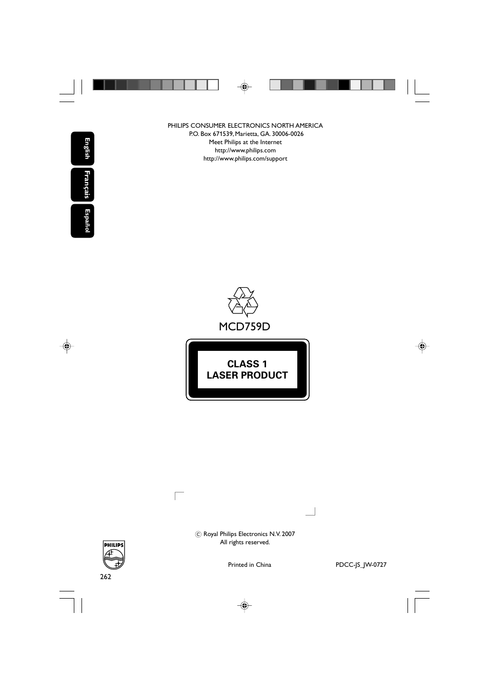 Mcd759d, Class 1 laser product | Philips DVD Micro Theatre MCD759D User Manual | Page 47 / 47