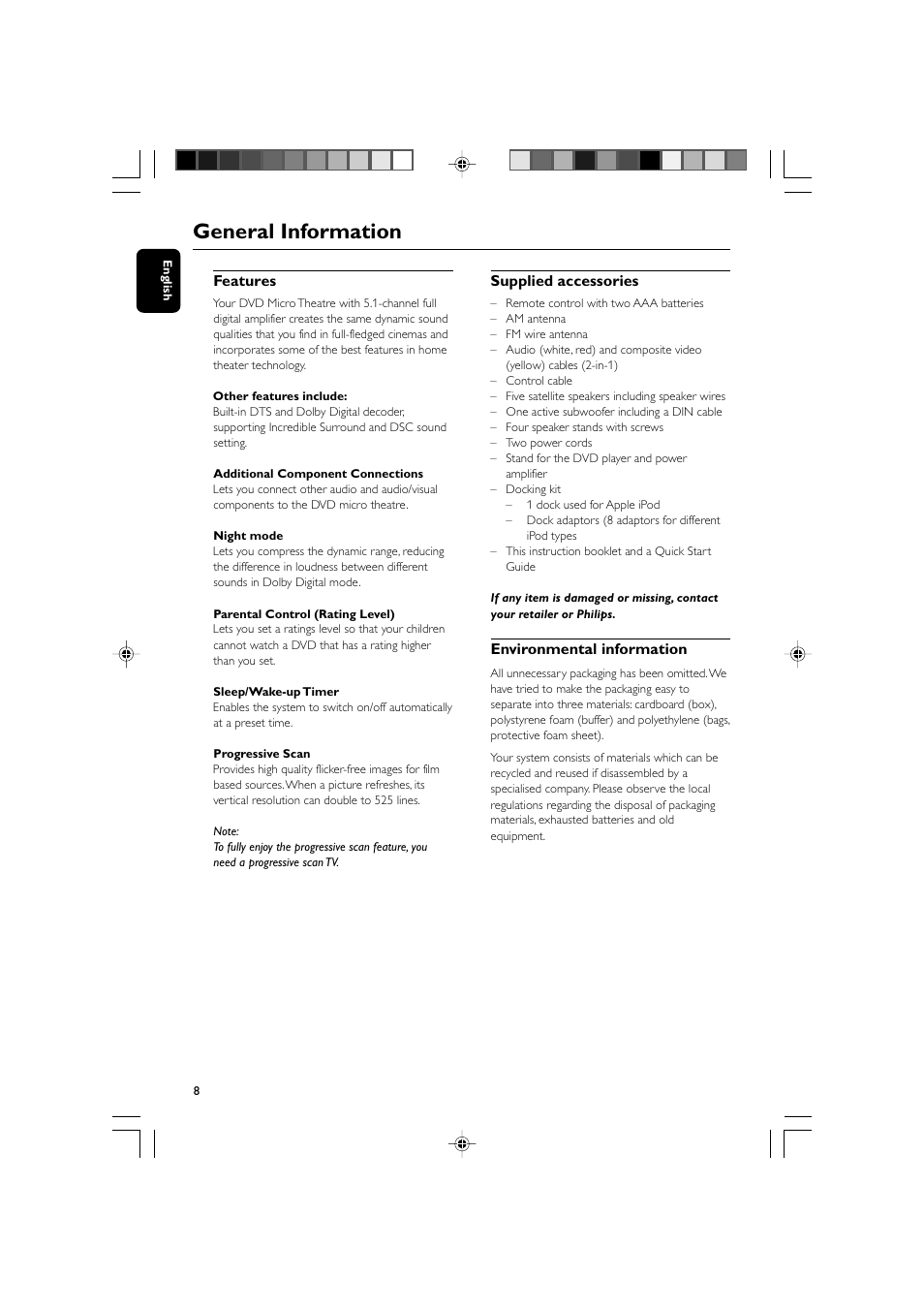 General information, Features, Supplied accessories | Environmental information | Philips DVD Micro Theatre MCD759D User Manual | Page 8 / 47