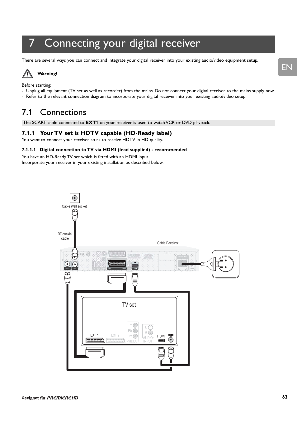 7 connecting your digital receiver, 1 connections, 1 your tv set is hdtv capable (hd-ready label) | Tv set | Philips DCR 9001/22 User Manual | Page 15 / 65