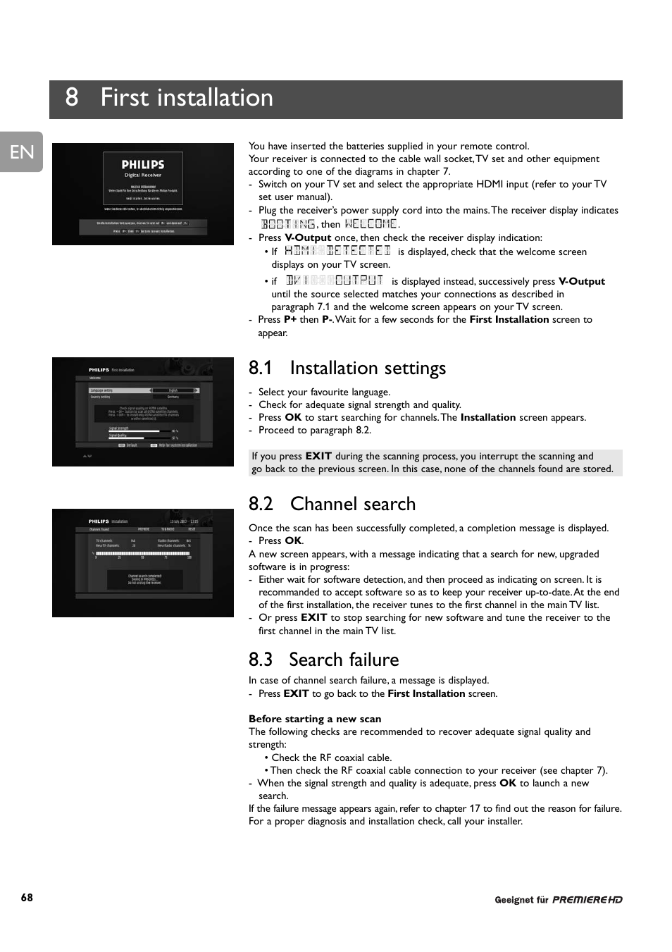 8 first installation, 1 installation settings, 2 channel search | 3 search failure | Philips DCR 9001/22 User Manual | Page 20 / 65