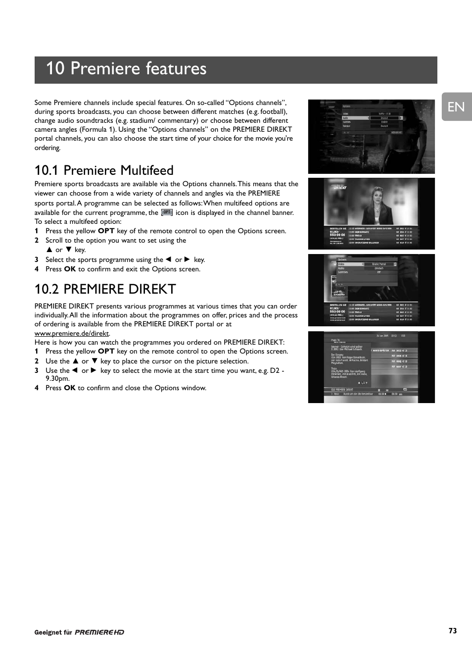 10 premiere features, 1 premiere multifeed, 2 premiere direkt | Philips DCR 9001/22 User Manual | Page 25 / 65