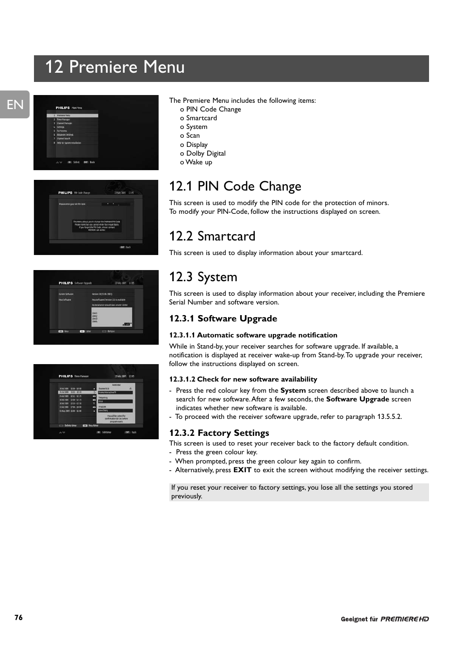 12 premiere menu, 1 pin code change, 2 smartcard | 3 system | Philips DCR 9001/22 User Manual | Page 28 / 65